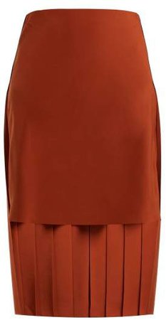 High Rise Pleated Silk Midi Skirt - Womens - Brown