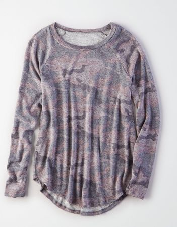 AE Soft & Sexy Plush Classic Crew Neck, Camo Green | American Eagle Outfitters