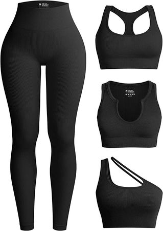 .com .com: OQQ Womens 4 Piece Workout Outfits Ribbed Yoga High  Waist Leggings with 3 Piece Crop Tops with Sports Bra Exercise Set Black :  Clothing, Shoes & Jewelry