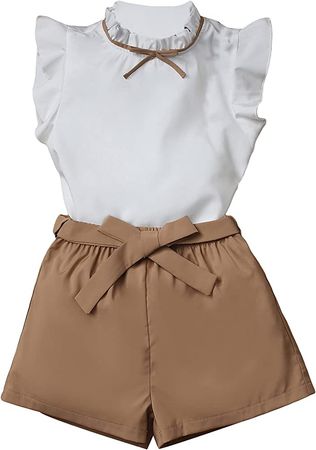 Amazon.com: OYOANGLE Girl's Summer 2 Pieces Outfit Set Ruffle Trim Cap Sleeve Blouse Tee and Shorts Set White and Brown 9Y: Clothing, Shoes & Jewelry