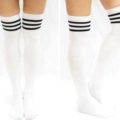 JK Black Stripe Cotton Thigh High Socks - White on Luulla