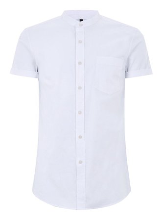 White Muscle Fit Stand Collar Oxford Shirt
