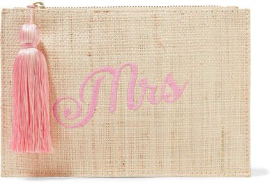 Mrs Embroidered Woven Straw Pouch - Beige