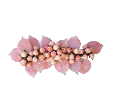 1940s MIRIAM HASKELL  pink glass leaves and pink and white beads wide bar brooch, Frank Hess design