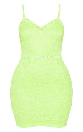 Neon Green Lace Embroidered Trim Bodycon Dress | PrettyLittleThing