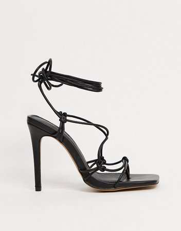 ASOS DESIGN Nicole strappy tie leg heeled sandals in black | ASOS