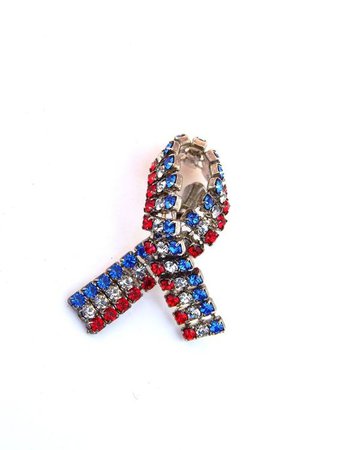 Vintage American Flag Ribbon, 4th of July, USA Red White and Blue Rhinestone Lapel Pin