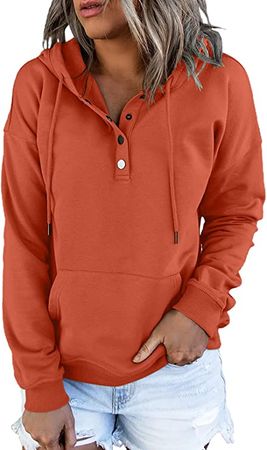 Amazon.com: Dokotoo Womens Sweatshirts and Hoodies Front Button Collar Comfy Simple Plain Long Sleeve Drawstring Hoodies for Women with Pockets Hooded Pullover Casual Fashion Winter Autumn Shirt Tops Orange L : Clothing, Shoes & Jewelry