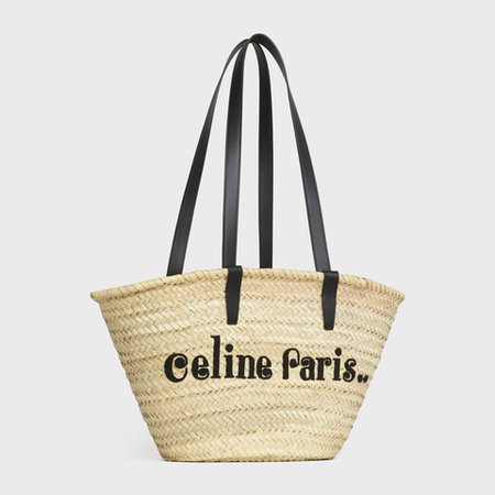 Celine Paris Classic Panier in Raffia and calfskin - Black | CELINE