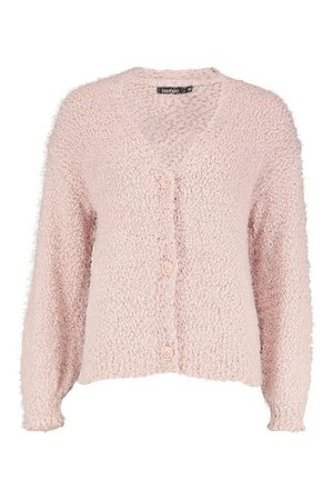 Button Through Fluffy Texture Knit Cardigan | Boohoo blush