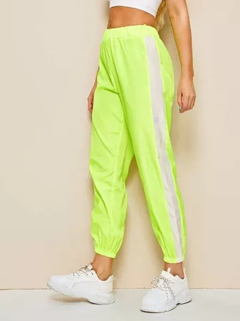 Elastic Waist Neon Lime Cut And Sew Pants | ROMWE