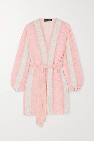 Gabrielle Velvet-trimmed Striped Sequined Chiffon Wrap Mini Dress - Pink