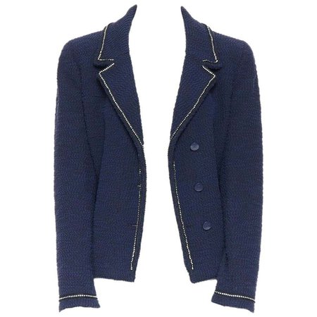 CHANEL 00A blue boucle tweed crystal strass A-line cropped blazer jacket FR42 For Sale at 1stdibs