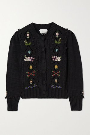 Black Forget-Me-Not embroidered cable-knit cotton and wool-blend cardigan | DÔEN | NET-A-PORTER
