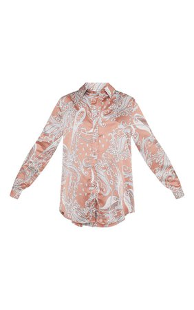 Peach Satin Paisley Printed Shirt | Tops | PrettyLittleThing USA