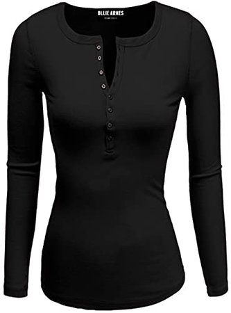 OLLIE ARNES Women's Warm Solid Long Sleeve Thermal or Cotton Knit Henley Tops 01_Black L at Amazon Women’s Clothing store