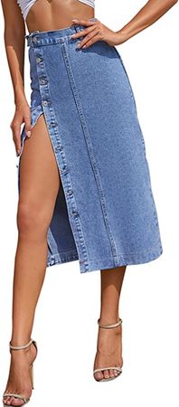 Amazon.com: Blue Midi Jean Skirt for Women Button Down Wrap Jean Skirt High Waist Stretch Solid Long Denim Skirts with Slit : Clothing, Shoes & Jewelry