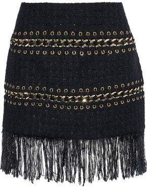 Fringe-trimmed Embellished Metallic Tweed Mini Skirt
