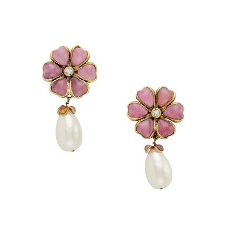 Chanel Vintage Gold Metal, Pink Gripoix, Strass, And Imitation Pearl Flower Drop Earrings, 1980s Available For Immediate Sale At Sotheby’s