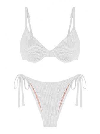 ZAFUL Crinkle Textured Tie Side Underwire Balconette Bikini Set In DEEP BLUE | ZAFUL 2023
