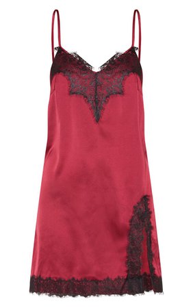 Burgundy Satin Lace Insert Shift Dress | PrettyLittleThing