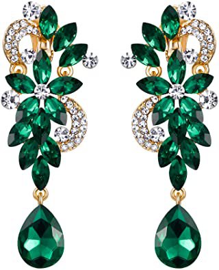BriLove Wedding Bridal Clip On Earrings for Women Bohemian Boho Crystal Flower Chandelier Teardrop Bling Long Dangle Earrings Emerald Color Gold-Toned