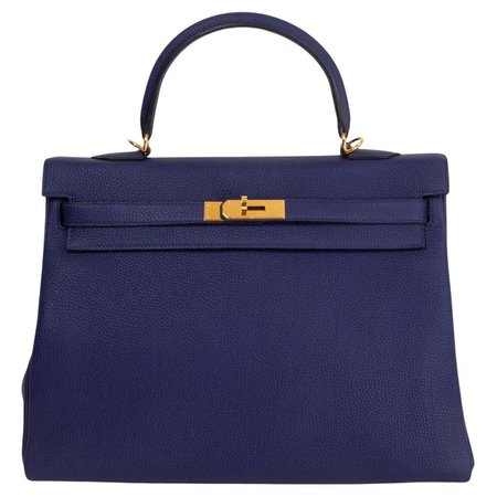 HERMES Encre blue Togo leather KELLY 35 RETOURNE Bag Gold For Sale at 1stDibs