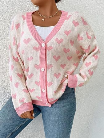 MakeMeChic Women's Plus Size Heart Print Long Sleeve Drop Shoulder Button Front Cute Cardigan Sweater Coat Black 0XL at Amazon Women’s Clothing store