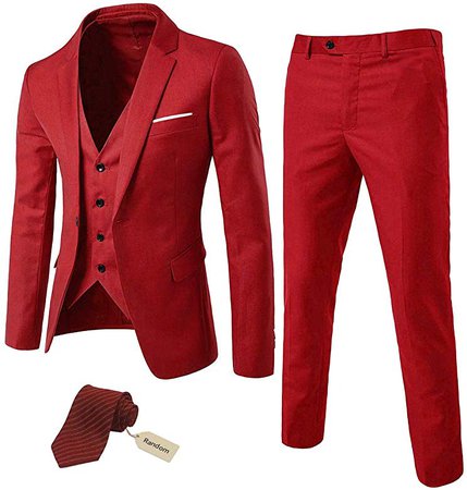 MY'S Men's 3 Piece Suit Blazer Slim Fit One Button Notch Lapel Dress Business Wedding Party Jacket Vest Pants & Tie Set Red at Amazon Men’s Clothing store