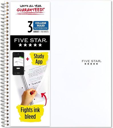 Amazon.com: Five Star Spiral Notebook + Study App, 3 Subject, College Ruled Paper, Fights Ink Bleed, Water Resistant Cover, 8-1/2" x 11", 150 Sheets, White (72464) : Everything Else