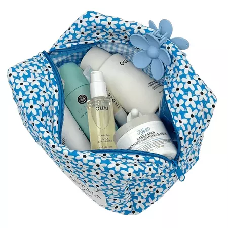 Willow | Blue Quilted Floral + Gingham Bag | Make Up Bag | Skincare Bag