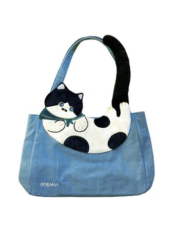 MEWJI Miaoji original cat cute Japanese cow cat large bag shoulder bag light blue tote bag denim bag - Shop mewji Messenger Bags & Sling Bags - Pinkoi