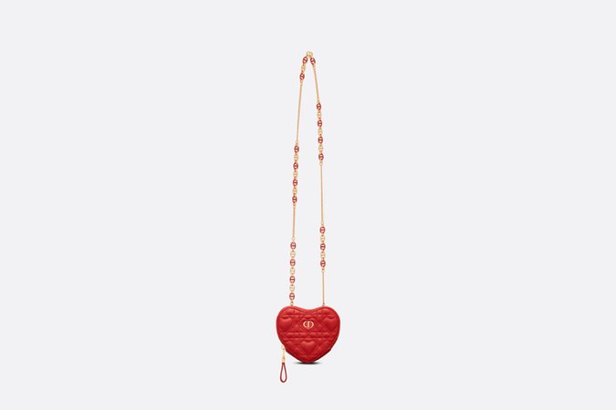 Dioramour Dior Caro Heart Pouch with Chain Bright Red Cannage Calfskin with Heart Motif - Petite maroquinerie - Woman | DIOR