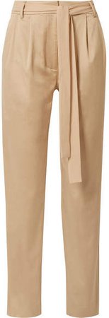 GREY - Belted Stretch Cotton-blend Twill Pants - Beige