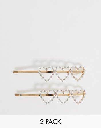 ASOS DESIGN pack of 2 hair clips with cut out pearl and crystal hearts in gold tone | ASOS