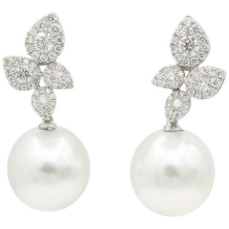 South Sea Pearl Cluster Leaf Dangle Drop Diamond Earrings at 1stdibs