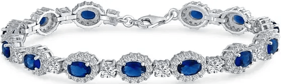 925 Sterling Silver Vintage Style Oval Simulated Sapphire CZ Pave Tennis Bracelet, Blue