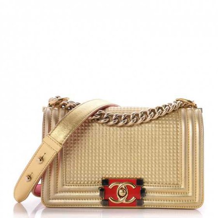 CHANEL Metallic Lambskin Embossed Small Cube Boy Flap Gold Red 263624