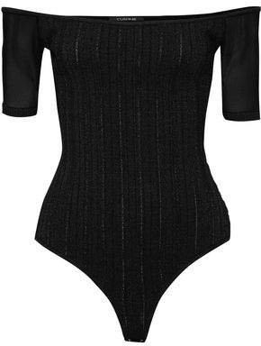 Off-the-shoulder Mesh-paneled Ribbed-knit Bodysuit
