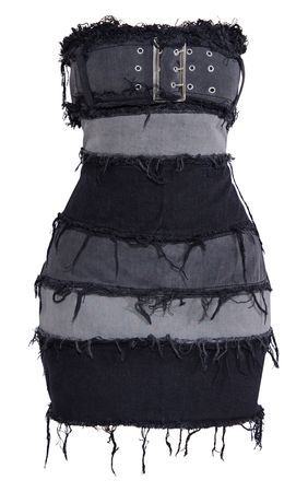 Petite Washed Black Distressed Belted Denim Dress | PrettyLittleThing