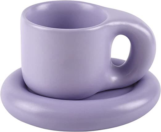 Koythin Ceramic Coffee Mug, Creative Cute Fat Handle Cup with Saucer for Office and Home, Dishwasher and Microwave Safe, 8.5 oz/250 ml for Latte Tea Milk (Light Purple): Cup & Saucer Sets