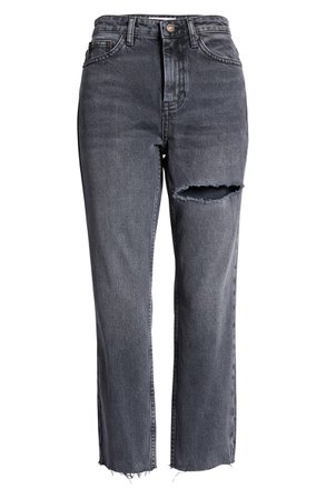 Topshop NY Thigh Rip Raw Hem Straight Leg Jeans (Smoke Grey) | Nordstrom