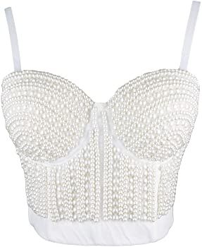 ELLACCI Woment's Pearls Beaded Bustier Crop Top Club Party Sexy Corset Top Bra White Medium at Amazon Women’s Clothing store