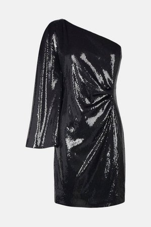 Sequin One Shoulder Asymmetric Mini Dress | Karen Millen
