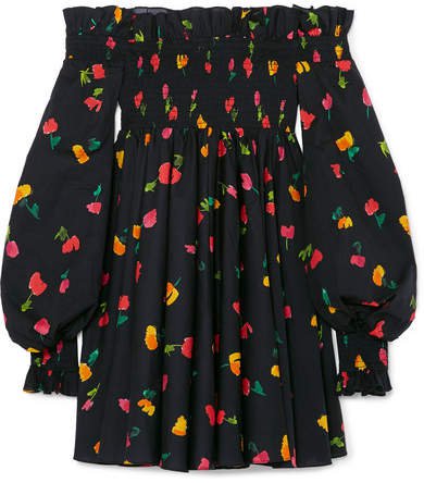 Kora Off-the-shoulder Printed Cotton-blend Mini Dress - Black