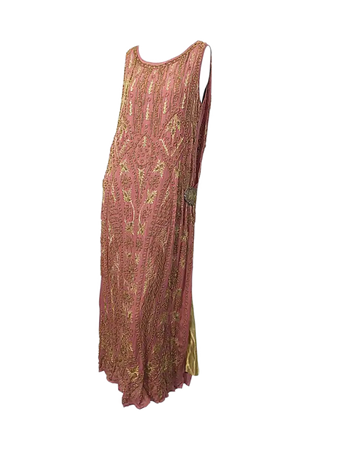 1 920s French Couture Pink + Gold Beaded Gatsby Roaring 20s Vintage Flapper Dress