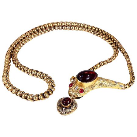 Stunning Garnet Snake Necklace with Heart Drop in 15k Gold, circa 1870 : Victoria Sterling | Ruby Lane