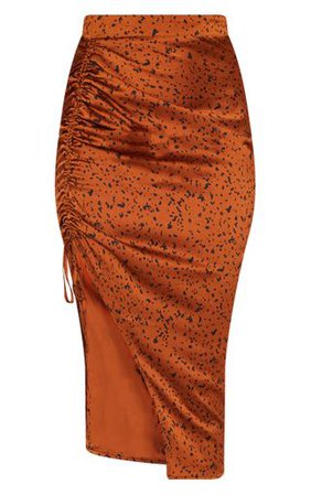 Rust Satin Printed Ruched Midi Skirt | Skirts | PrettyLittleThing