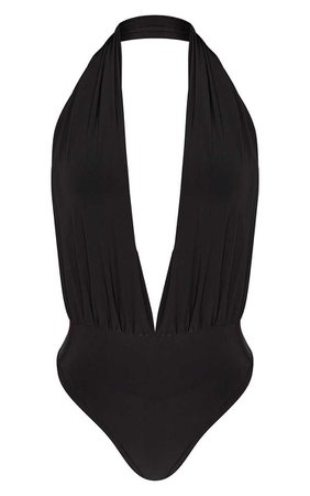 Shape Black Slinky Halterneck Plunge Bodysuit | PrettyLittleThing