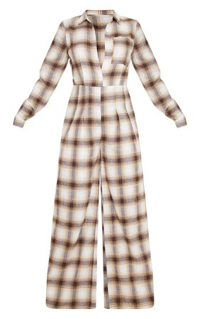 BEIGE CHECKED OVERSIZED WIDE LEG JUMPSUIT